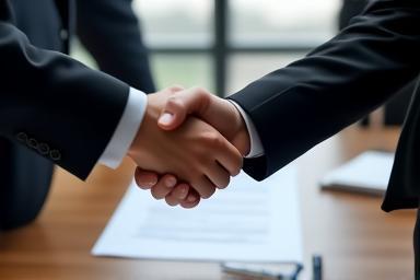 Two people shaking hands over a contract
